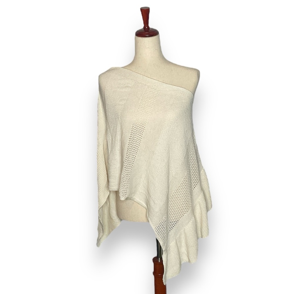 Light Cream Off-Shoulder Knit Poncho Sweater